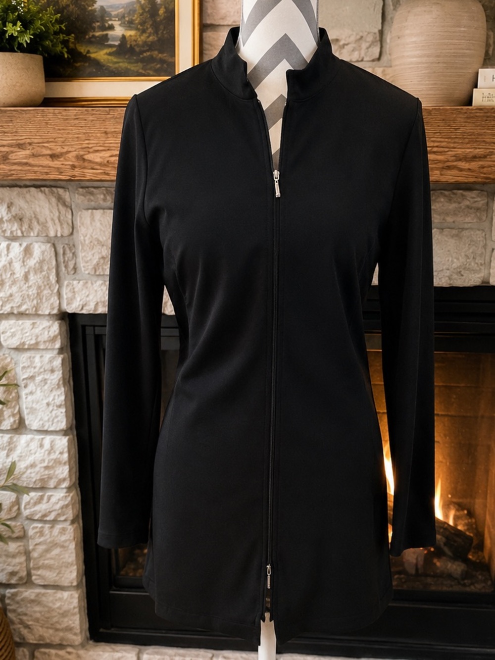 EILEEN FISHER Black Full Zipped Tunic Top Light Jacket Travel Ponte Sz MP